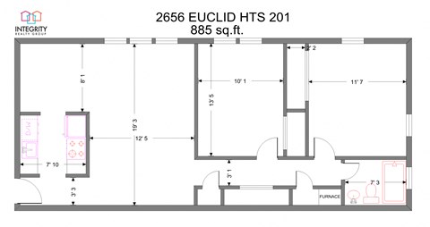 Floor plan for 2 beds, 1 bath, 854 sqft